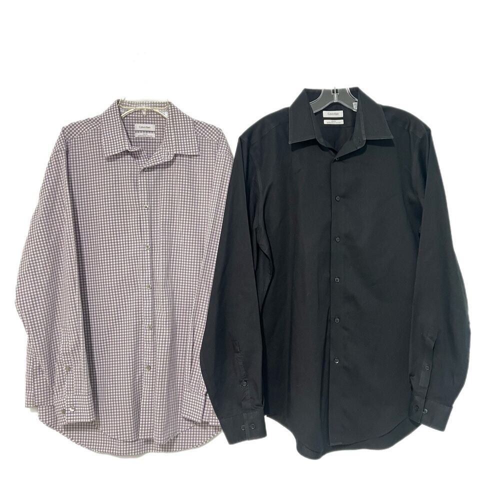 Calvin Klein Lot Of 2 Men's Long Sleeve Button-Down Shirt Size 16 L Black Purple